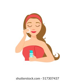 Girl Removing Make Up With Skincare Product And Cotton Round, Woman With Closed Eyes Doing Home Spa Procedure Illustration