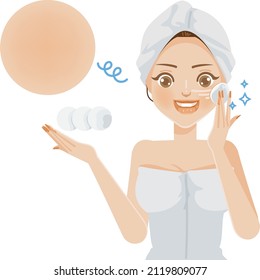 girl removing makeup holds cotton pads near face. women wrapped in towel