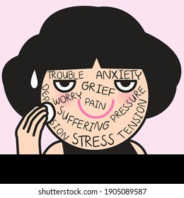 Girl Removing Negative Words From Her Face Using A Cotton Disc. Woman Trying To Erase Or Beat Her Bad Mood Concept Card Charactervillustration