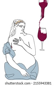 A girl in the Renaissance style stands with her hand on her chest. In a blue toga. The red wine pours into the glass. Inscription: wine as an art. One Line Art. white background.