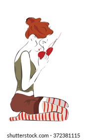 Girl Repairing a Heart with Sewing Needle