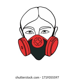 Girl in a respirator, gas mask in simple style isolated on white background.Girl in a protective mask. Face mask.Vector illustration on white background. For cards, posters, logo, printed products. 