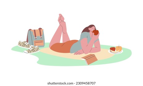 Girl rest in park, on nature reading book. Female eating fruits, single picnic for rest and relaxing. Cartoon flat woman weekend, vector character