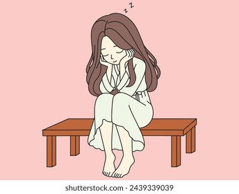 Girl rest see dreams or taking nap. Sleep problem, fatigue and exhaustion. Vector illustration.