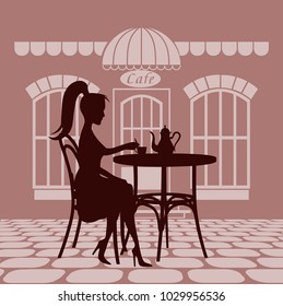 Girl in a restaurant drinking coffee vector illustration.