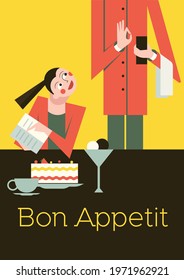 Girl in a restaurant makes an order. Color illustration