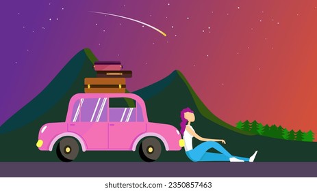A girl resting after a trip, a pink car with luggage, against the background of mountains and a starfall and sunset in summer