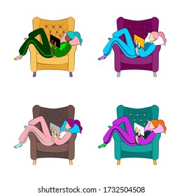 A girl resting in an armchair wearing a tracksuit with tablet in her hands in self-isolation. Four different colored versions.