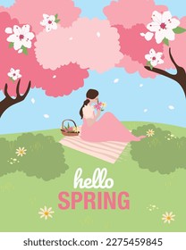 The girl is resting and enjoying cherry blossom in the park. Spring. Spring Header or Banner Design. Vector illustration.