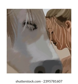 Girl resting her head on horse head, loving, girl and horse with closed eye watercolor illustration