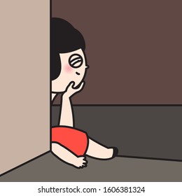 Girl Resting Her Tired Head On Hand Of Her Own Body That Laying Down On The Floor Cocnept Card Character illustration