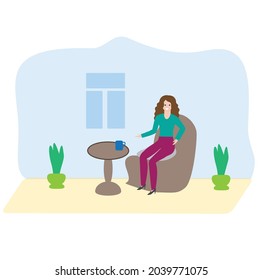 A girl is resting at home on a chair with a cup of coffee, fashionable design style, modern liquid background
