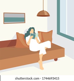 
The girl is resting at home in quarantine. Reads a book and enjoys. Stay home. Be safe and take care of yourself. Coronovirus. A cozy house. Reading day. Vector illustration
