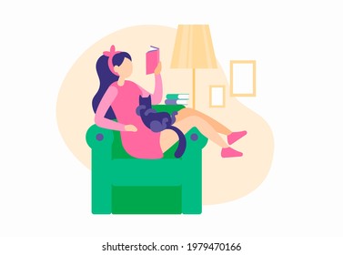 Girl resting at home reading book. Woman in pink robe sitting comfortably on armchair leafing through novel. Sleepy cat lounging knees dozing. Cozy weekend relaxation. Vector flat illustration