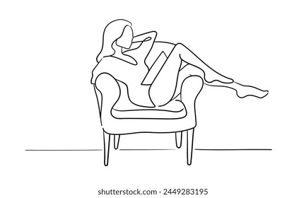 Girl resting isolated on white background. Enjoy, relax life line art drawing. Vector illustration