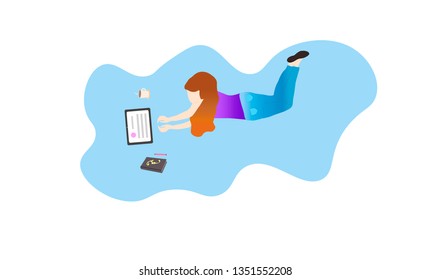 the girl is resting and listening to music on a tablet next to it is a pencil notebook and another cup of coffee