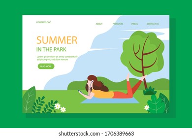 Girl is resting and listening to music in the Park. Concept illustration of outdoor recreation. Vector illustration in flat style