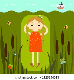 The girl is resting near the water Outdoors Holiday Concept Card Character illustration