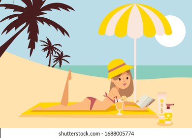 Girl is resting on beach under umbrella, read book, hat, beach shore, ocean front, sun cream, spf 10, 30, fruit cocktail, flat vector illustration. Relax on sandy seaside, sandbank, vacation.