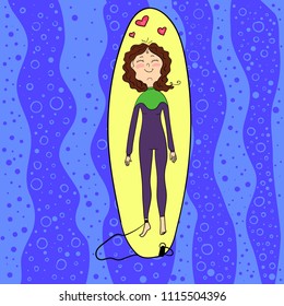 The girl is resting on the surf. Vector illustration.
