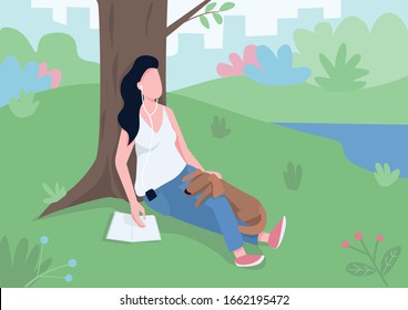 Girl resting in park flat color vector illustration. Woman in headphones with book sitting near tree, playing with dog 2D cartoon character with lake, bushes and remote cityscape on background