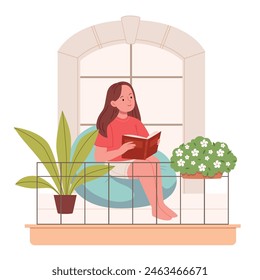 The girl is resting and reading a book on the balcony. Garden on the balcony.