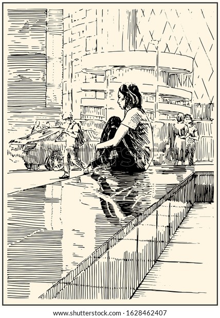 Girl resting from run sitting on a concrete\
parapet in the city. Summer day black and hand drawing with pen and\
ink. Engraving, etching, sketch\
style.