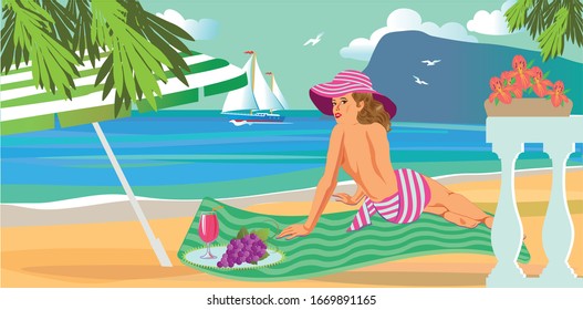 Girl resting in the summer on the sandy seashore, against the backdrop of a landscape with mountains and a boat. Vector graphics
