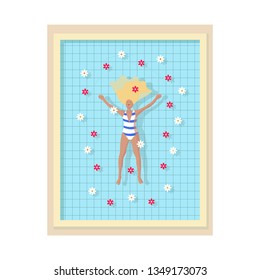 The girl resting in a swimming pool, swimming pool with flowers
