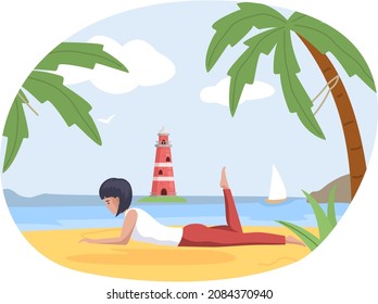 Girl rests lies on sandy beach and reads studies book. Woman with book in her hands spending time outdoor on coast with palm trees. Female character is reading and resting. Leisure pastime in vacation
