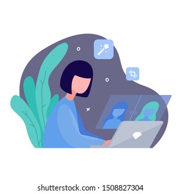 The girl retouchs photo. Woman is sitting at a laptop and doing color grading. Side view vector illustration. Photo editor concept