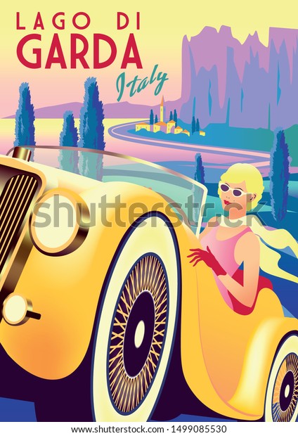 Girl in a retro car with lake, cypress\
trees, mountains and a small town in the background. Handmade\
drawing vector illustration. Art Deco retro\
poster.