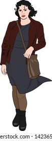 Girl in a retro dress with a bag over shoulder. Vector illustration