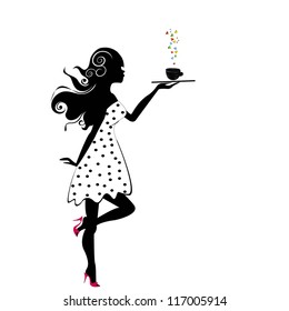 girl in retro dress with cup of tea