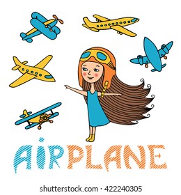 Girl In Retro Hat Airline Pilot. Colorful Aircraft In Doodle Style. Vector Set Kids And Planes. Sketch Hand-drawn.
