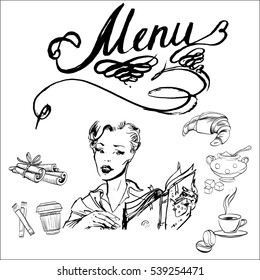 girl, retro, menu, book, vector, drawing, pop art