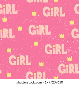 Girl. Retro pattern for print design. Cartoon vector illustration. Romantic seamless texture design. Hand drawn calligraphy lettering vector illustration.