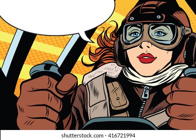 Girl retro pilot on the plane