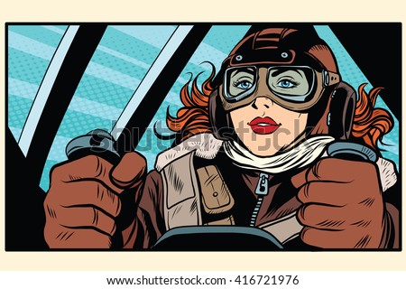 Girl retro pilot on the plane