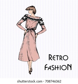 Girl in retro style. Pencil sketch. Vector illustration.