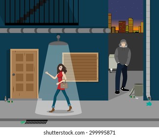 La chica regresó a casa de una fiesta a través de un callejón oscuro. Ilustración del vector