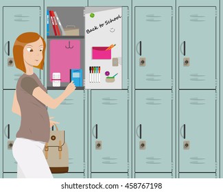 The girl returned to school after the holidays and take textbooks in the locker. Vector illustration