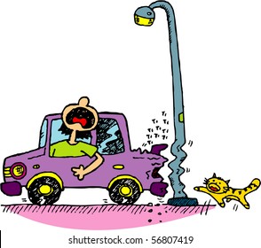 A girl reversing her car, hitting lamp post instead.