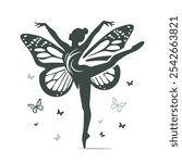 Girl rhythmic gymnast silhouette with morpho butterfly vector illustration, ballerina girl with butterflies. 