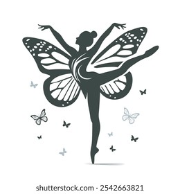 Girl rhythmic gymnast silhouette with morpho butterfly vector illustration, ballerina girl with butterflies. 