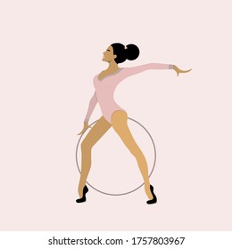 Girl rhythmic gymnastics with hoops vector illustration. Training performance strength gymnastics. Women Acrobatic Gymnastics, flat.