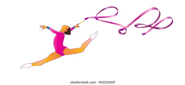 Girl Rhythmic gymnastics. Young gymnast woman with ribbon red sportswear dress, performing gymnastics element, jumping, doing split leap in the air, isolated on white. Hand Drawn. Girl Vector Dance. 