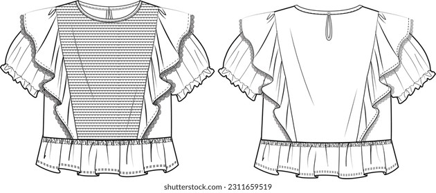 vector de moda de blusa de rufa delantera con cinta de chica	
