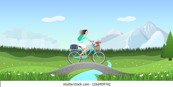 Girl ride Bicycle trip from City to Country (Nature)