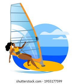 Girl ride a Board with a sail. Vector icon or sticker in a flat style on the theme of surfing.